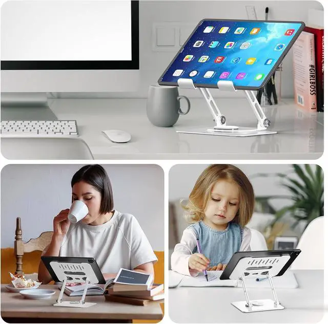 Alt view image 5 of 7 - Adjustable Tablet Stand for Desk iPad Swivel Stand with 360 Rotating Base Aluminum Foldable Portable iPad Table Stand Holder for iPad Pro/iPad Mini Tablets White