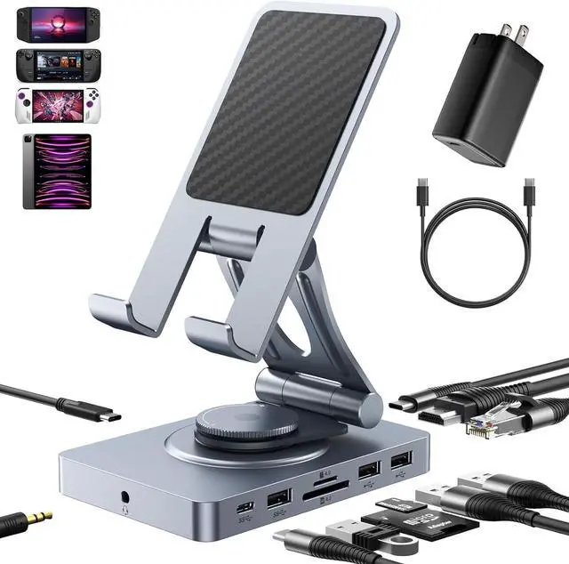 Main image of Versatile USB C Docking Station for iPad 11-in-1 with SD TF 4.0 Reader 4K@60Hz HDMI RJ45 Audio USB A USB C Rotatable Dock for Tablet iPad/Pro Steam Deck ROG Ally Legion Go with 65W Adapter