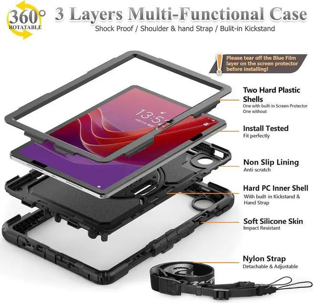 Alt view image 7 of 7 - Tablet Case for  Tab M11 (TB-330FU/TB-330XU) 11 inch Drop-Proof Protection Cover with 360° Rotate Stand & Strap [Pen Holder] & Screen Protector/K11/Xiaoxin Pad 2024 Black