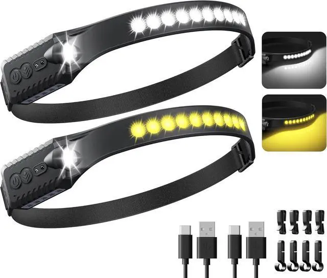 Main image of Rechargeable Headlamp 2PCS 230° Wide Beam Head Lamp with 2 Color Temps and Motion Sensor Waterproof LED Headlights for Adults with SOS Mode Camping Gear for Cycling Hiking Fishing Hunting