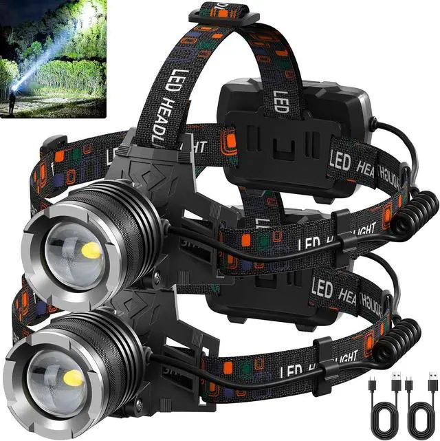Main image of NJ FOREVER LED Rechargeable Headlamp, 3000 Lumens Super Bright Head Lamp with 5 Modes, 90°Adjustable, USB Rechargeable, Waterproof LED Headlamps for Adults Camping, Hiking, Climbing (2 Pack)