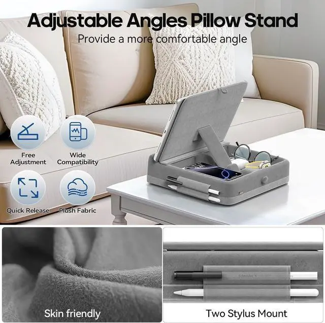 Alt view image 4 of 7 - Tablet Pillow Stand with Storage Foldable iPad Holder for Bed Lap and Desk Angle Adjustable Soft Pad Dock with Stylus Mount Compatible with iPad Pro 12.9 10.5 11 Air Mini Phones Books