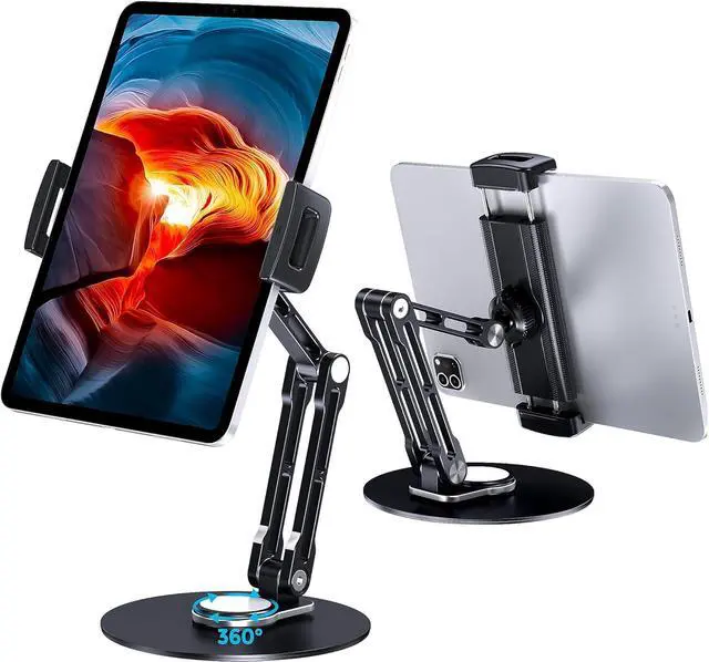 Main image of Tablet Stand Holder for iPad Adjustable with 360 Rotating Base for Desk Aluminum Swivel Tablet Stand Compatible with iPad Air/Mini iPad 10.2/9.7 iPad Pro 11/13 and More Black