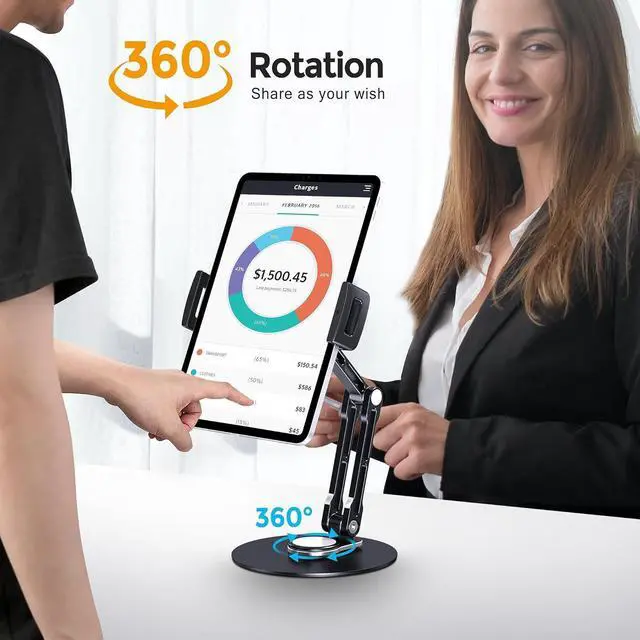 Alt view image 2 of 6 - Tablet Stand Holder for iPad Adjustable with 360 Rotating Base for Desk Aluminum Swivel Tablet Stand Compatible with iPad Air/Mini iPad 10.2/9.7 iPad Pro 11/13 and More Black