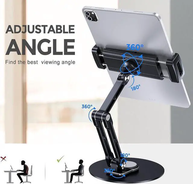 Alt view image 3 of 6 - Tablet Stand Holder for iPad Adjustable with 360 Rotating Base for Desk Aluminum Swivel Tablet Stand Compatible with iPad Air/Mini iPad 10.2/9.7 iPad Pro 11/13 and More Black