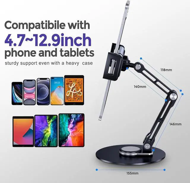 Alt view image 5 of 6 - Tablet Stand Holder for iPad Adjustable with 360 Rotating Base for Desk Aluminum Swivel Tablet Stand Compatible with iPad Air/Mini iPad 10.2/9.7 iPad Pro 11/13 and More Black