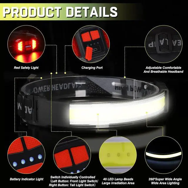 Alt view image 6 of 7 - Headlamp Rechargeable Ultra Bright Upgrade 1500 Lumens 6 Modes Head Lamp Led Rechargeable with Taillight(Individual Control) 230°Wide Beam Waterproof Headlamps for Adults Outdoor Camping Running