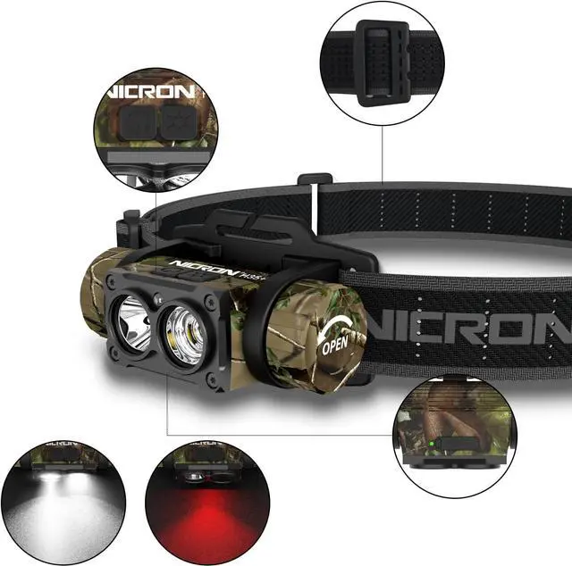Alt view image 2 of 7 - Rechargeable Headlamp High Bright 1600 lumens 180° Rotating Aluminum LED Head Lamp with 3 Light Sources 10 Modes Waterproof Head Flashlight H35+ for Camping Hunting Running Fishing (Camo)