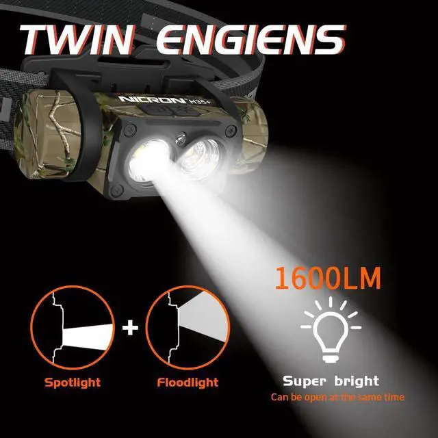 Alt view image 6 of 7 - Rechargeable Headlamp High Bright 1600 lumens 180° Rotating Aluminum LED Head Lamp with 3 Light Sources 10 Modes Waterproof Head Flashlight H35+ for Camping Hunting Running Fishing (Camo)