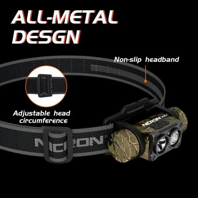 Alt view image 7 of 7 - Rechargeable Headlamp High Bright 1600 lumens 180° Rotating Aluminum LED Head Lamp with 3 Light Sources 10 Modes Waterproof Head Flashlight H35+ for Camping Hunting Running Fishing (Camo)