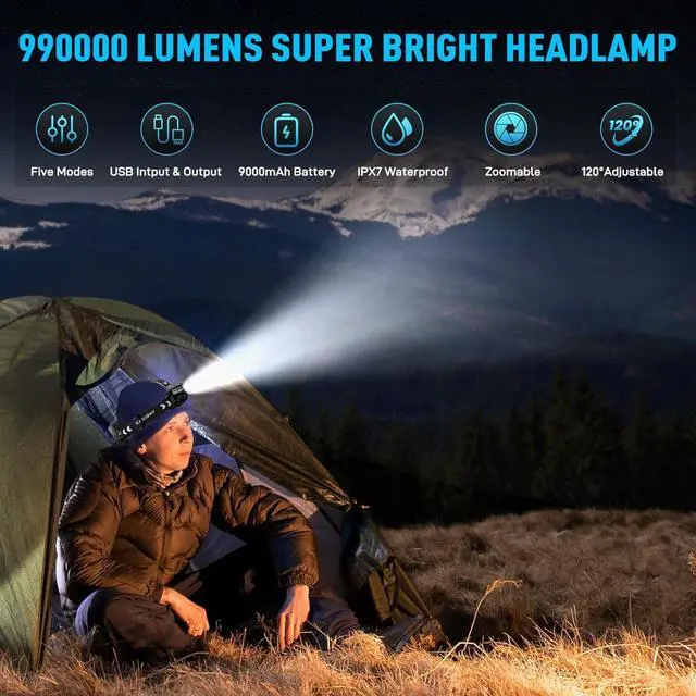 Alt view image 2 of 7 - 990000 Lumen LED Rechargeable Headlamp 60H Long Battery Life Head Lamp with 5 Modes & IPX7 Waterproof & Zoomable 120° Adjustable Head Light for Adults Outdoor Camping Hardhat