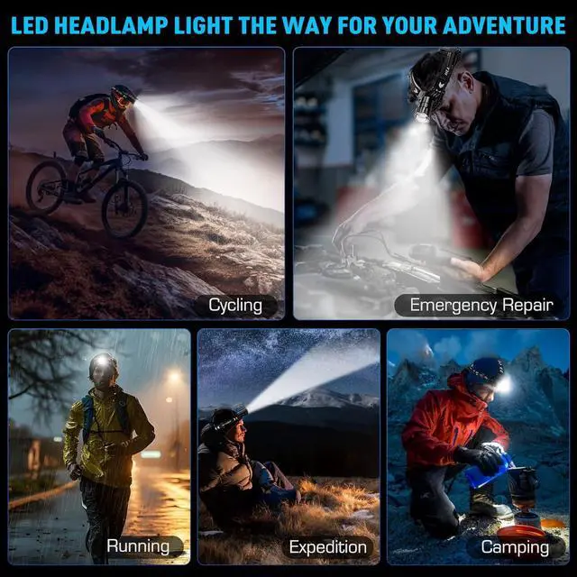 Alt view image 7 of 7 - 990000 Lumen LED Rechargeable Headlamp 60H Long Battery Life Head Lamp with 5 Modes & IPX7 Waterproof & Zoomable 120° Adjustable Head Light for Adults Outdoor Camping Hardhat