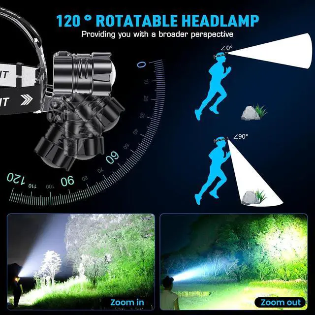 Alt view image 4 of 7 - 990000 Lumen LED Rechargeable Headlamp 60H Long Battery Life Head Lamp with 5 Modes & IPX7 Waterproof & Zoomable 120° Adjustable Head Light for Adults Outdoor Camping Hardhat