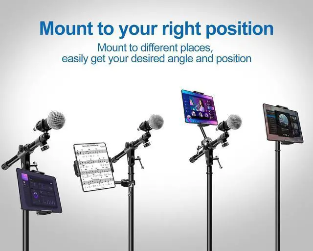 Alt view image 2 of 7 - Aluminum iPad Holder for Mic Stand Side Mount iPad Music Stand Holder for Microphone 360° Swivel Tilt Adjustable Mic Tablet Mount for 4-13in iPhone Cell Phones and Tablets