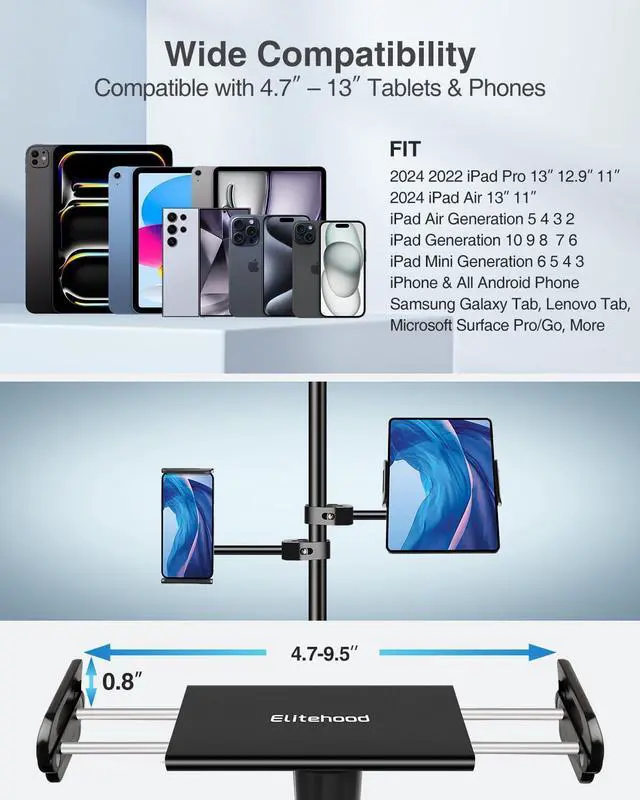 Alt view image 5 of 7 - Aluminum iPad Holder for Mic Stand Side Mount iPad Music Stand Holder for Microphone 360° Swivel Tilt Adjustable Mic Tablet Mount for 4-13in iPhone Cell Phones and Tablets