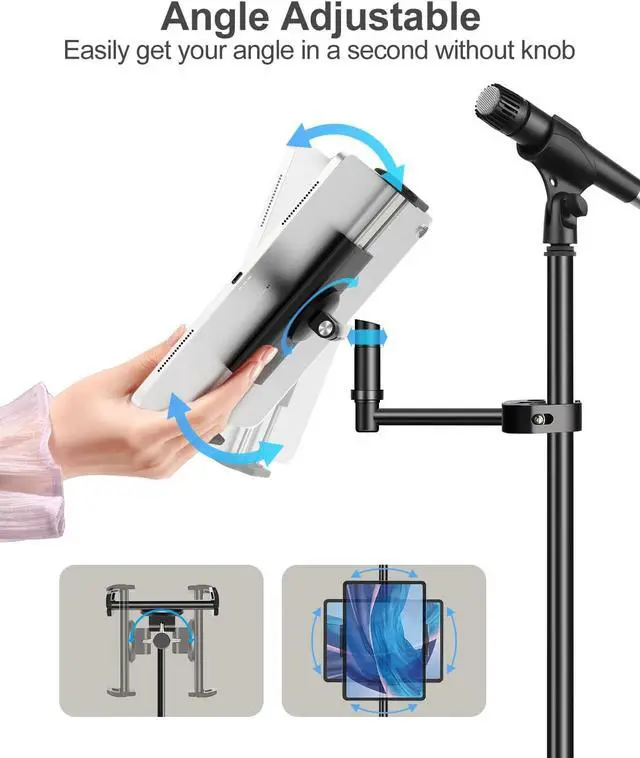 Alt view image 4 of 7 - Aluminum iPad Holder for Mic Stand Side Mount iPad Music Stand Holder for Microphone 360° Swivel Tilt Adjustable Mic Tablet Mount for 4-13in iPhone Cell Phones and Tablets