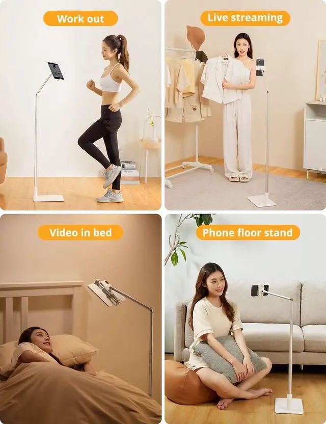 Alt view image 2 of 6 - Tablet Floor Stand - Adjustable Tablet Holder with Flexible Arm Holder for 4-11 Phone/Tablet/iPad/iPhone 360 Rotate Tablet Stand for Bedside Sofaside Table Desk White