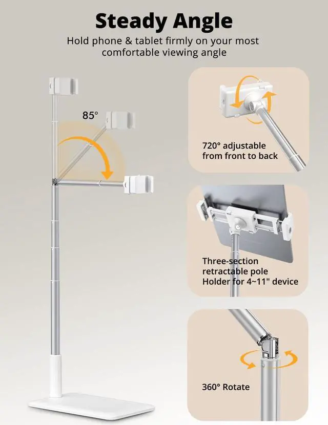 Alt view image 3 of 6 - Tablet Floor Stand - Adjustable Tablet Holder with Flexible Arm Holder for 4-11 Phone/Tablet/iPad/iPhone 360 Rotate Tablet Stand for Bedside Sofaside Table Desk White