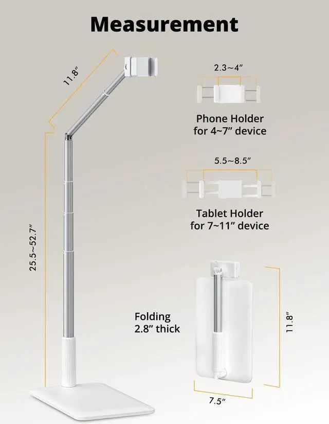 Alt view image 4 of 6 - Tablet Floor Stand - Adjustable Tablet Holder with Flexible Arm Holder for 4-11 Phone/Tablet/iPad/iPhone 360 Rotate Tablet Stand for Bedside Sofaside Table Desk White