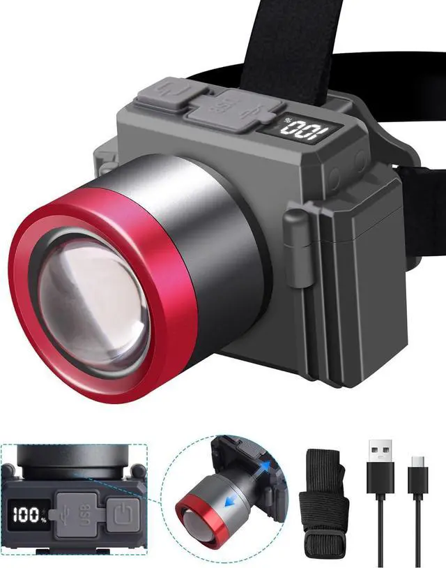 Main image of 2025 New LED Headlamp Rechargeable Head Lights for Forehead Super Bright Head Lamp with 3 Modes Zoomable Waterproof 90° Adjustable USB Headlamps for Adults Hiking Hard Hat Outdoor Camping Gear