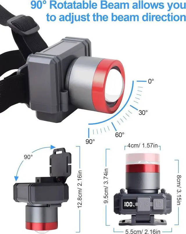 Alt view image 6 of 7 - 2025 New LED Headlamp Rechargeable Head Lights for Forehead Super Bright Head Lamp with 3 Modes Zoomable Waterproof 90° Adjustable USB Headlamps for Adults Hiking Hard Hat Outdoor Camping Gear