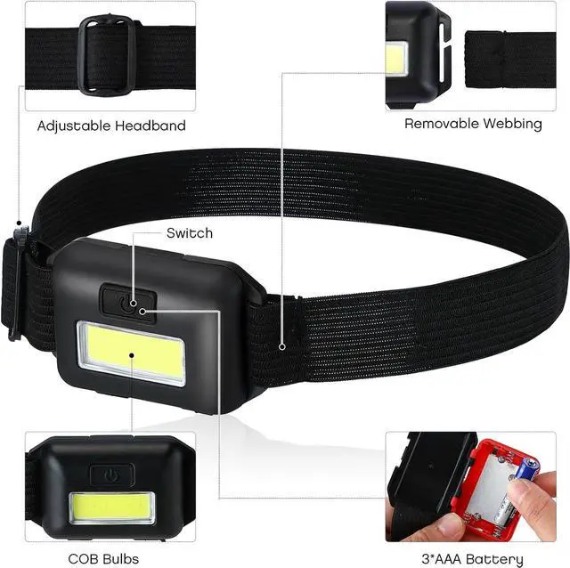 Alt view image 3 of 6 - 48 Pack LED Headlamp Flashlight Bright Waterproof Head Lamp Torch Cob Flood Head Light Bulk 800 lumens with 3 Modes 144 AAA Batteries for Adult Kids Running Camping Night Survival 4 Colors