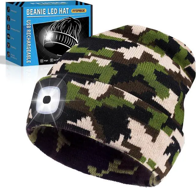 Main image of Beanie Hats with Light USB Rechargeable LED Hand Free Headlamp Perfect Winter Gifts for Men Women and Teens Ideal for Camping Hiking and Christmas Stocking Stuffers Camouflage