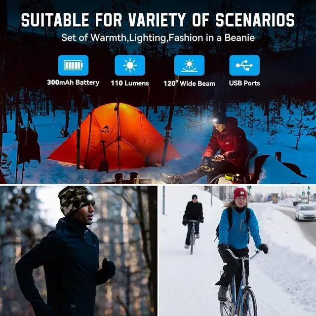 Alt view image 3 of 7 - Beanie Hats with Light USB Rechargeable LED Hand Free Headlamp Perfect Winter Gifts for Men Women and Teens Ideal for Camping Hiking and Christmas Stocking Stuffers Camouflage