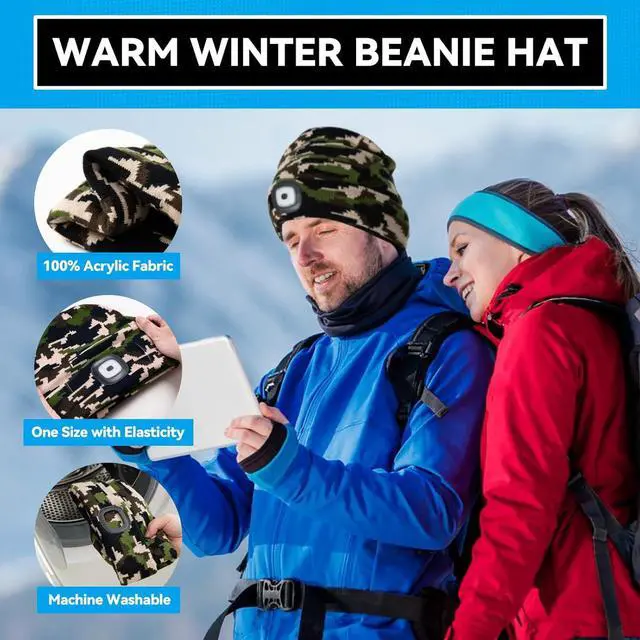 Alt view image 4 of 7 - Beanie Hats with Light USB Rechargeable LED Hand Free Headlamp Perfect Winter Gifts for Men Women and Teens Ideal for Camping Hiking and Christmas Stocking Stuffers Camouflage
