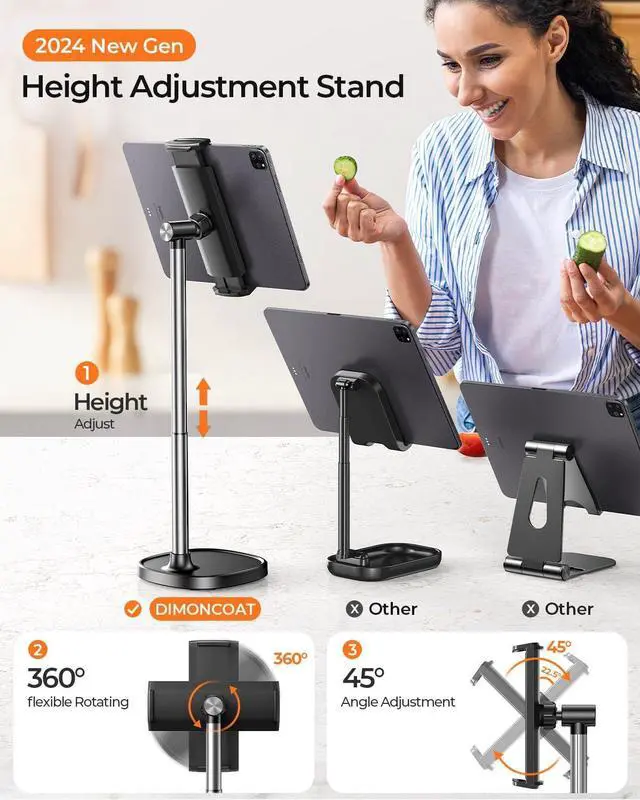 Alt view image 2 of 7 - Height Adjustable Tablet Stand for Desk Tablet Holder 360° Rotation: Desktop Tablet Accessories for 4.7-15.6 Like iPad Pro 13 11 9.7 10.5 Air Mini 2 3 4 Kindle Monitor E-Reader iPhone 16