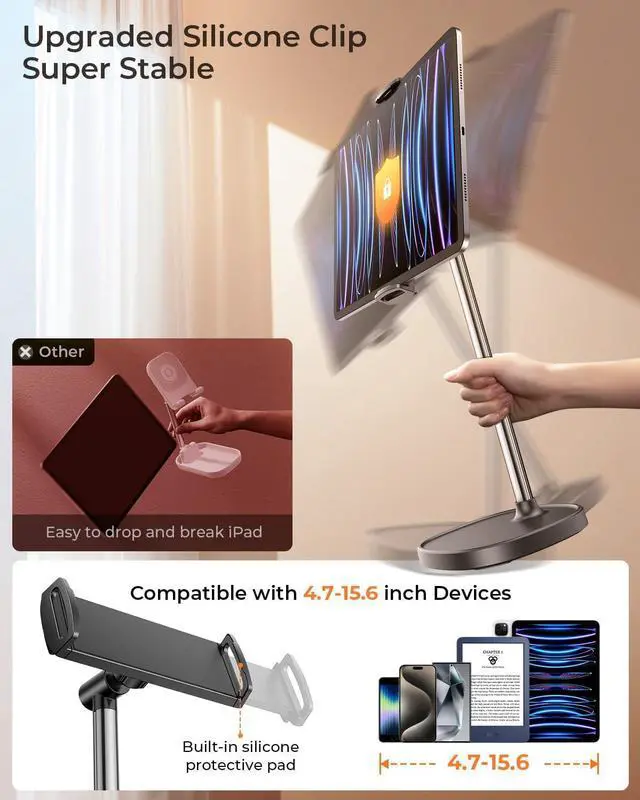Alt view image 6 of 7 - Height Adjustable Tablet Stand for Desk Tablet Holder 360° Rotation: Desktop Tablet Accessories for 4.7-15.6 Like iPad Pro 13 11 9.7 10.5 Air Mini 2 3 4 Kindle Monitor E-Reader iPhone 16