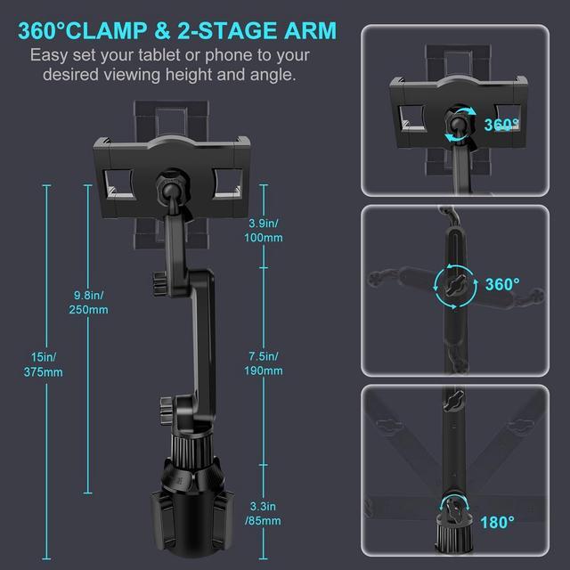 Alt view image 5 of 7 - Cup Holder Car Tablet Mount for Truck 360° Adjustable 15 Long 2-Arm Stand Holder for iPad Pro 12.9/11/10.5/9.7/Air/Mini 6/5/4  Galaxy Tab/Z Fold 6/5/4 iPhone 16/15/Pro 4.7-12.9 Tab &Phone