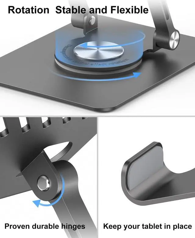 Alt view image 3 of 6 - Swivel iPad Stand for Desk Aluminum Tablet Stand for Desk with 360 Rotating Base Adjustable & Foldable iPad Holder Stand Compatible with iPad/Pro/Air/Mini Tablets Switch Kindle Phone