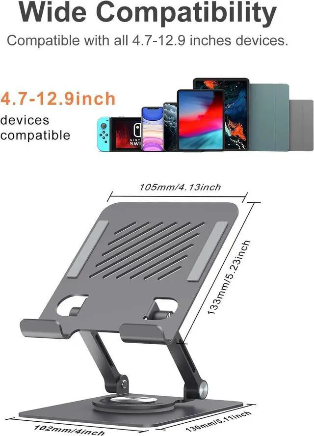 Alt view image 4 of 6 - Swivel iPad Stand for Desk Aluminum Tablet Stand for Desk with 360 Rotating Base Adjustable & Foldable iPad Holder Stand Compatible with iPad/Pro/Air/Mini Tablets Switch Kindle Phone