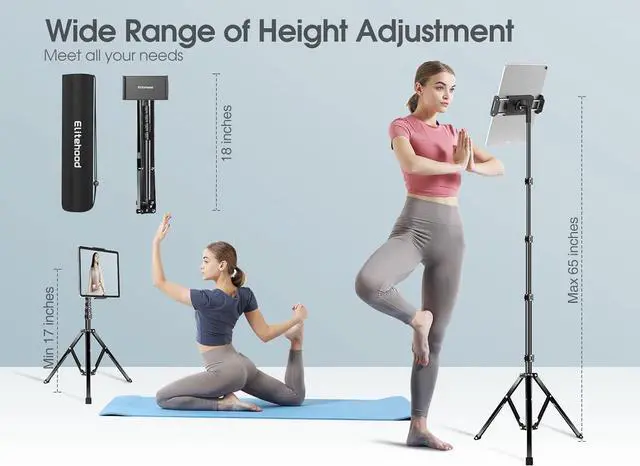 Alt view image 2 of 7 - Aluminum iPad Stand Floor Tripod Holder - 65 Adjustable iPad Pro 12.9 Stand iPad Holder Stand for iPad Pro 12.9 11 inch iPad Air Mini 2 3 4 and 4.7-13 Tablets and Phones Black