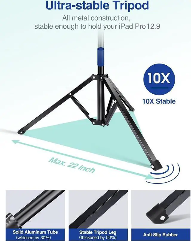 Alt view image 7 of 7 - Aluminum iPad Stand Floor Tripod Holder - 65 Adjustable iPad Pro 12.9 Stand iPad Holder Stand for iPad Pro 12.9 11 inch iPad Air Mini 2 3 4 and 4.7-13 Tablets and Phones Black