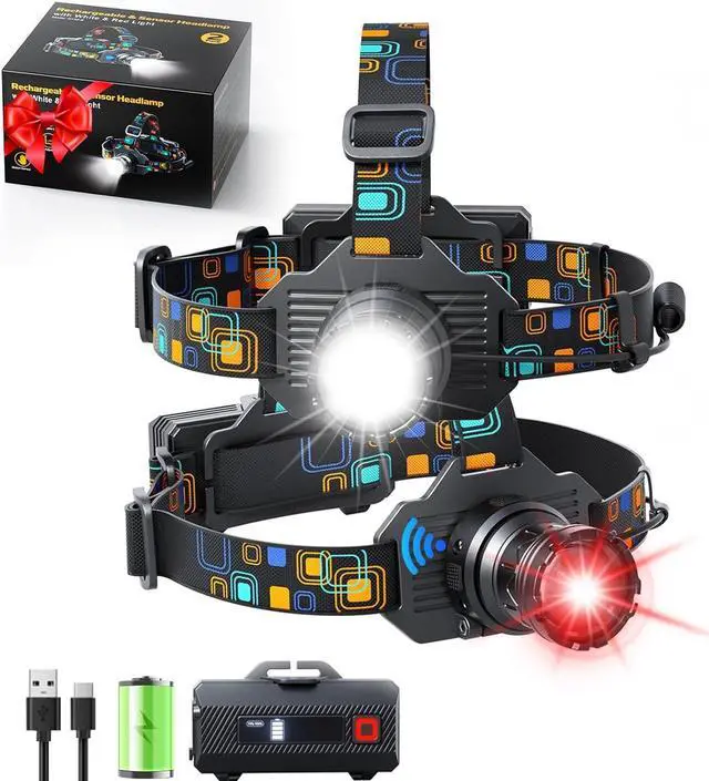 Main image of Headlamp Rechargeable 2 PCS Bright LED Head Lamp with White Red Light LED Headlamp Motion Sensor 90° Adjustable Zoomable 6 Modes Head Lights for Forehead for Adults Running Hunting Camping Fishing