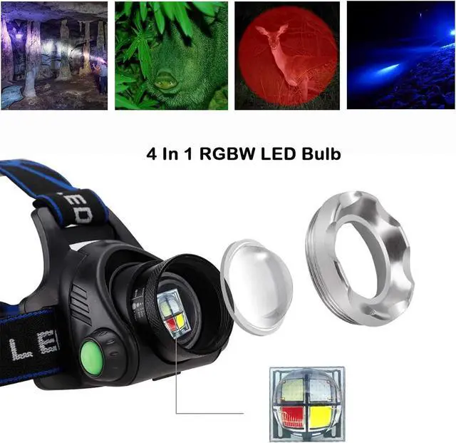 Alt view image 3 of 7 - Multicolor Headlamp Flashlight 1000 Lumen Waterproof Zoomable Led Headlight with White Red Green Blue Light