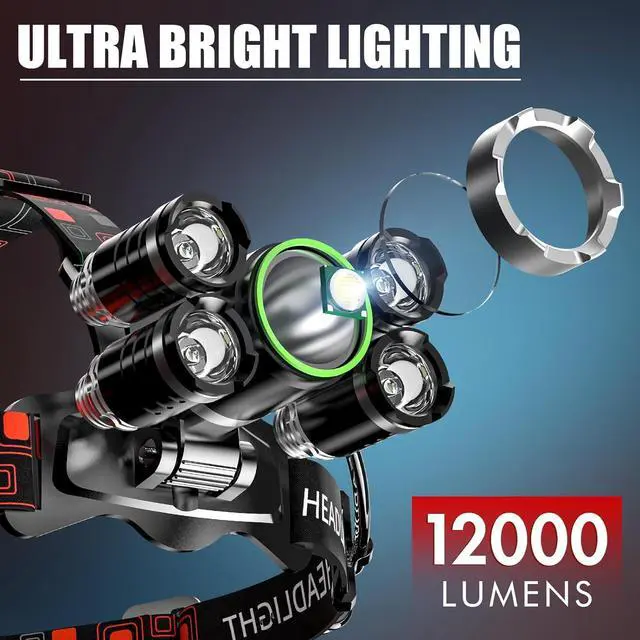 Alt view image 5 of 7 - Headlamp Rechargeable USB LED Headlamp Headlamps for Adults 12000 Lumens Outdoor Headlamp Flashlight with Adjustable 4 Modes Headlight for Camping Hiking and Hunting