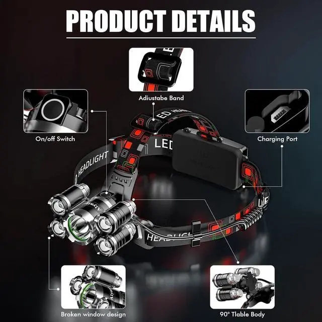 Alt view image 6 of 7 - Headlamp Rechargeable USB LED Headlamp Headlamps for Adults 12000 Lumens Outdoor Headlamp Flashlight with Adjustable 4 Modes Headlight for Camping Hiking and Hunting