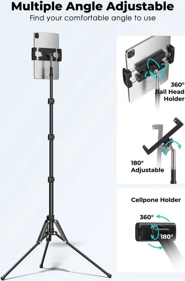 Alt view image 3 of 6 - Tablet Floor Tripod Stand-67 Tripod with Tablet Holder/Phone Holder Angle&Height Adjustable Aluminum Tripod for Video Recording Photos Vlog Compatible with3.5-13 Tablet iPad Pro iPhone 15