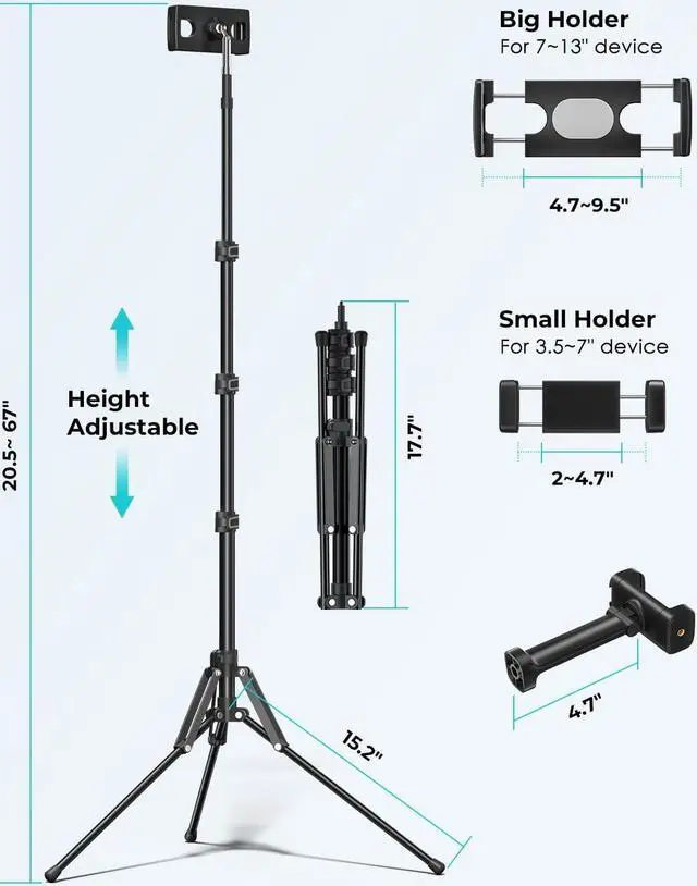Alt view image 4 of 6 - Tablet Floor Tripod Stand-67 Tripod with Tablet Holder/Phone Holder Angle&Height Adjustable Aluminum Tripod for Video Recording Photos Vlog Compatible with3.5-13 Tablet iPad Pro iPhone 15