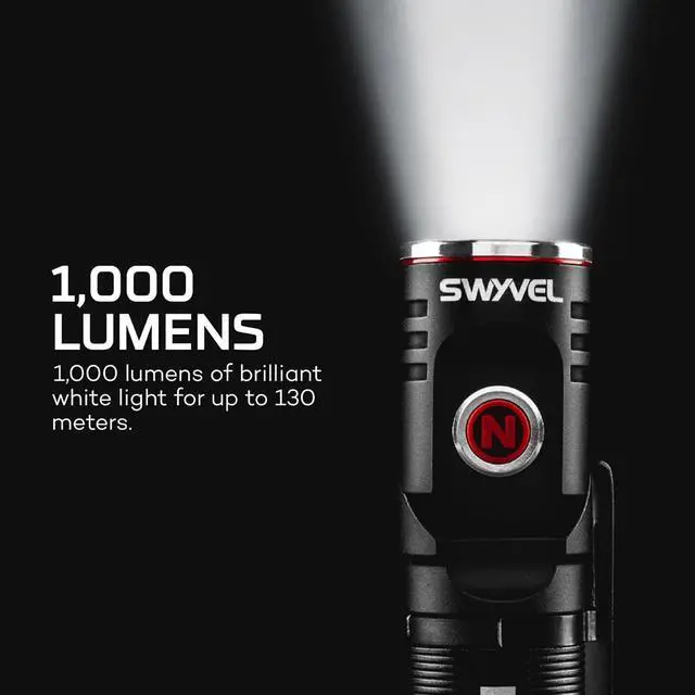 Alt view image 2 of 6 - SWYVEL 1000 Lumen USB Wireless Rechargeable Aluminum Flashlight: Compact 90 Degree Rotating Swivel Head Work Light 5 Light Modes Pocket Clip Magnetic Base for Hands-Free Lighting -Black