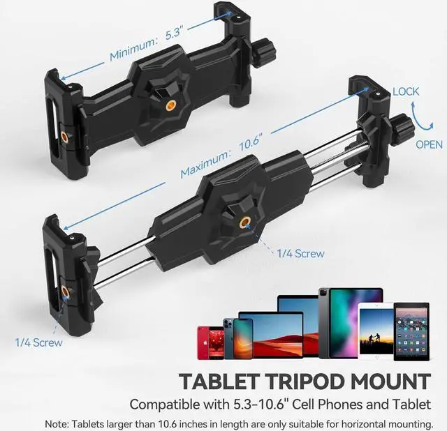 Alt view image 2 of 7 - iPad and Phone Tripod Mount Adapter with Ball Head iPad Holder for Tripod 360 Rotatable Tablet Clamp Mount fits iPad Pro 12.9 Air Mini 3 4 Galaxy Tab Surface Pro Selfie Stick(5.3-10.6)