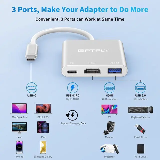 Alt view image 2 of 7 - USB C to HDMI Adapter 3-in-1 USBC Digital AV Multiport Adapter USB Type C Converter to 4K@30Hz HDMI USB 3.0 100W PD for MacBook Pro/Air iPad Pro Chromebook  HP  Surface