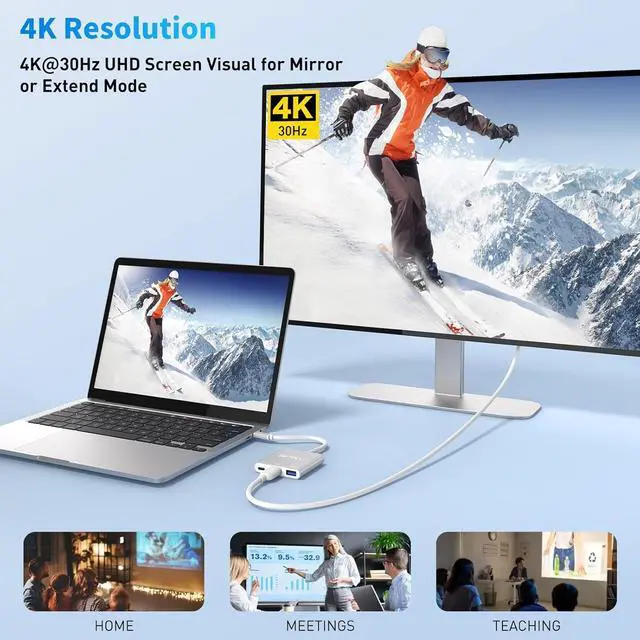 Alt view image 4 of 7 - USB C to HDMI Adapter 3-in-1 USBC Digital AV Multiport Adapter USB Type C Converter to 4K@30Hz HDMI USB 3.0 100W PD for MacBook Pro/Air iPad Pro Chromebook  HP  Surface