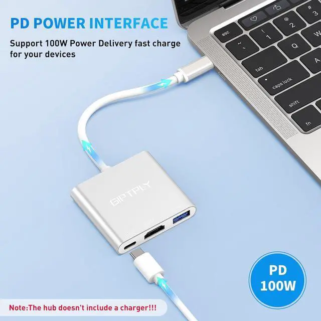 Alt view image 5 of 7 - USB C to HDMI Adapter 3-in-1 USBC Digital AV Multiport Adapter USB Type C Converter to 4K@30Hz HDMI USB 3.0 100W PD for MacBook Pro/Air iPad Pro Chromebook  HP  Surface