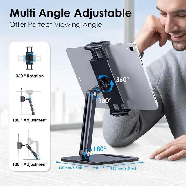 Alt view image 3 of 6 - Tablet Stand Heavy Aluminum Tablet Holder for Desk with Adjustable 360° Swivel Bracket Compatible with iPad Pro/Air/Mini Galaxy Tab Surface Pro Kindle Fire 4.7-13 Black