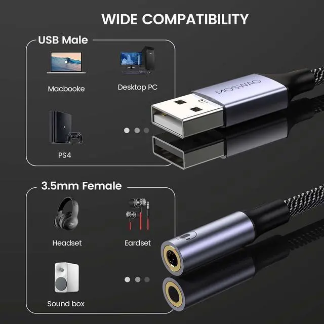 Alt view image 4 of 6 - USB to Audio Jack Adapter 0.65Feet/20cm External Sound Card Jack Audio Adapter with 3.5mm Aux Stereo Converter Compatible with Headset PC Laptop Linux Desktops PS4 and More Device