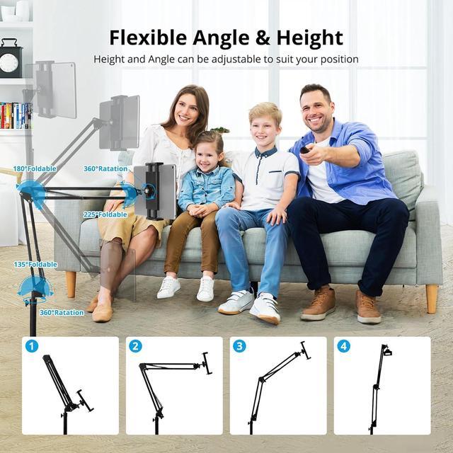 Alt view image 2 of 7 - Tablet Floor Stand Overhead Bed Phone Mount Height Adjustable Universal Metal Tablet Holder Phone Stand Compatible with iPad/iPhoneX/iPad Pro Phone Kindle 4.5-12.9 (Dark Black)